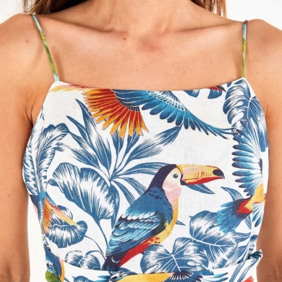 Farm Rio tropical parrot bird safari flying toucans open back dress womans small - Picture 3 of 8